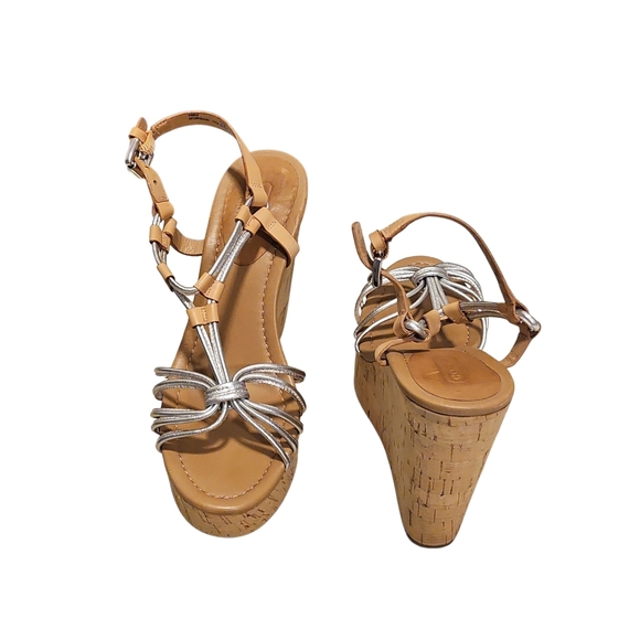Coach Silver and Tan Wedge Sandals with Cork Heel - Picture 4 of 6